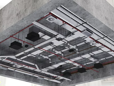 Industrial Concrete Ceiling Featuring Red And White Pipe System And Ventilation Ducts 3d model