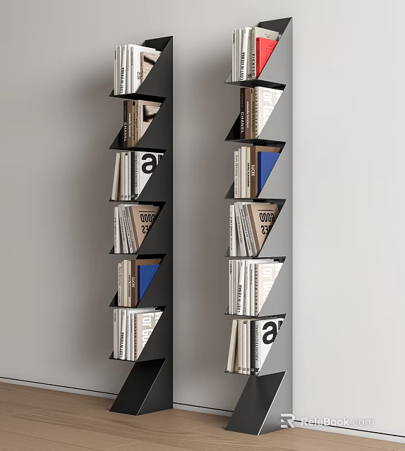 Modern Black Bookcase With Geometric Shelves Holding Books And Decorative Items 3d model 