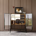 Modern Wine Cabinet With Open Glass Doors And Bottles Inside With Framed Painting On Top