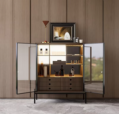 Modern Wine Cabinet With Open Glass Doors And Bottles Inside With Framed Painting On Top 3d model
