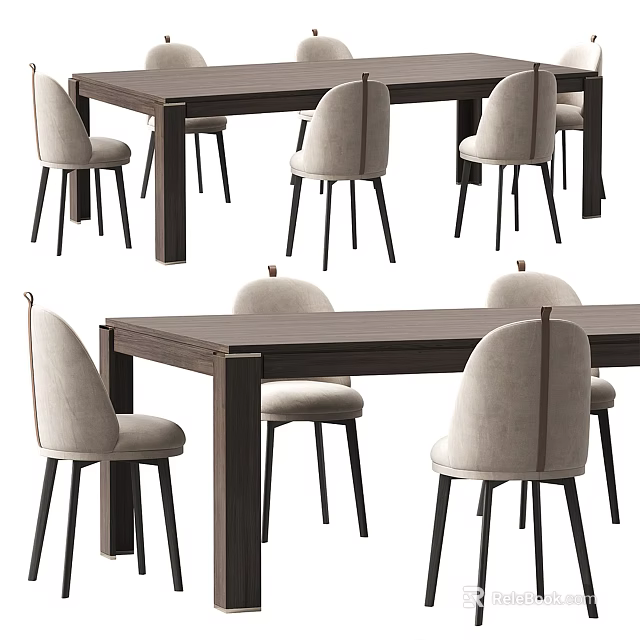 Modern Wooden Dining Table Set With Light Upholstered Chairs And Minimalist Design 3d model 
