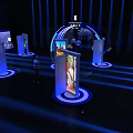 Futuristic Stage Setup With Large Screen Blue Lighting And Audience Seats 3d model