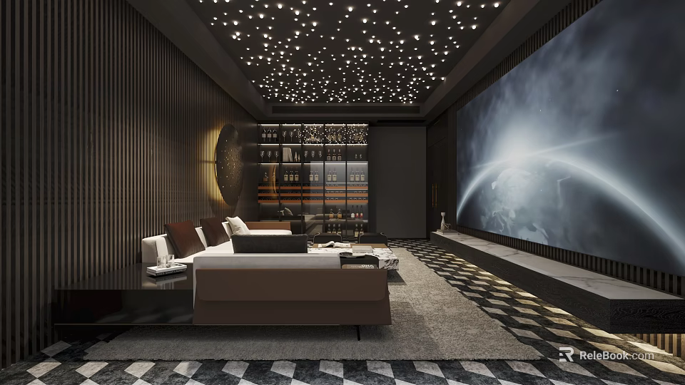 Modern Home Theater with Starry Ceiling Large Projection Screen Sofa Coffee Table Striped Wall Panels 3d model 