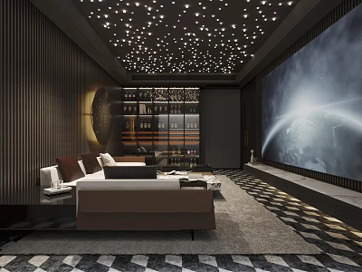 Modern Home Theater with Starry Ceiling Large Projection Screen Sofa Coffee Table Striped Wall Panels 3d model