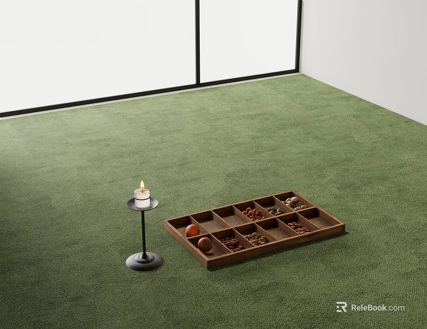 Green Shaped Carpet with Wooden Tray and Candle Holder and Small Items 3d model 