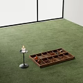 Green Shaped Carpet with Wooden Tray and Candle Holder and Small Items