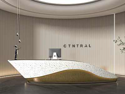 Elegant Curved Reception Desk Design White Marble Top Golden Edge Vertical Striped Walls 3d model