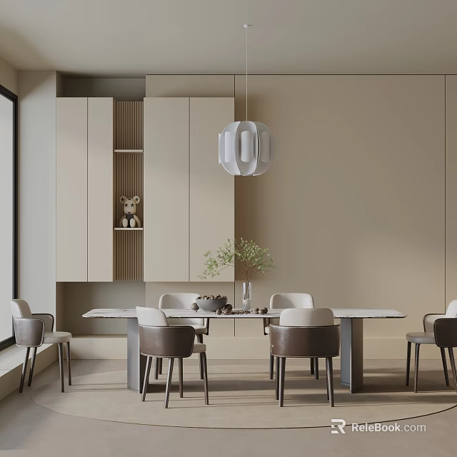 Modern White Dining Table Set with Brown Chairs Pendant Light Beige Walls and Cabinets 3d model 
