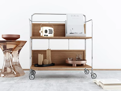 Modern Sideboard With Metal Frame Wooden Shelves Rolling Wheels And Decorative Items 3d model