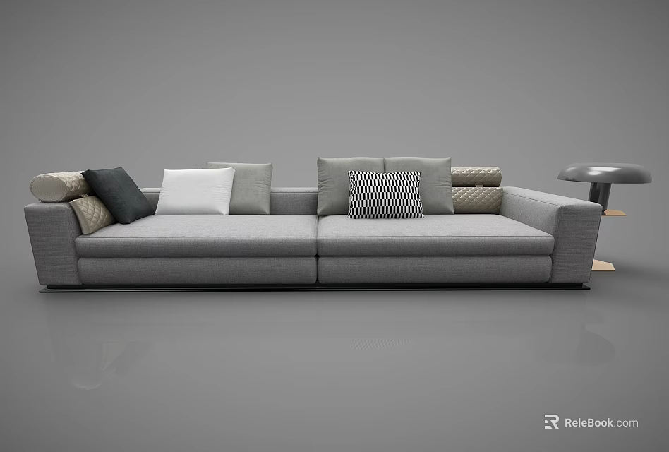 Modern Gray Fabric Two-Seater Sofa With Multiple Decorative Pillows And Side Table 3d model