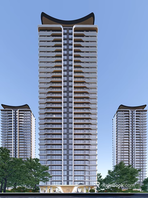 Modern High Rise Buildings With Glass Curtain Walls And Balcony Designs In Urban Area 3d model 