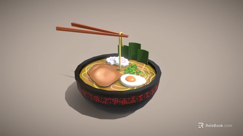 Traditional Japanese Ramen Bowl With Wooden Chopsticks And Egg Meat Vegetables 3d model 