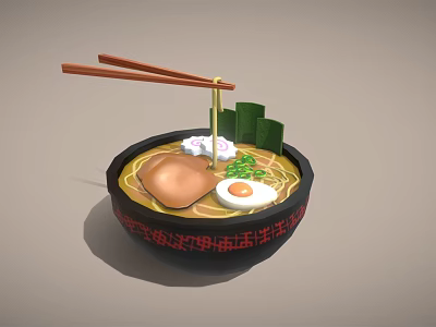 Traditional Japanese Ramen Bowl With Wooden Chopsticks And Egg Meat Vegetables 3d model