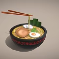 Traditional Japanese Ramen Bowl With Wooden Chopsticks And Egg Meat Vegetables