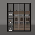 Modern Wine Cabinet With Glass Doors Wooden Shelves Wine Bottles Wine Glasses And Decorative Items