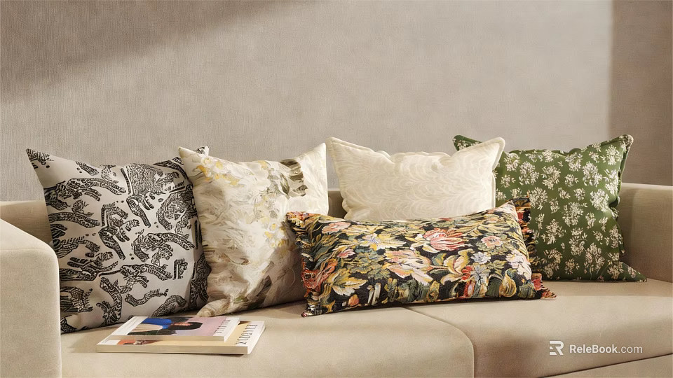 Colorful Throw Pillows With Floral And Geometric Patterns On Beige Sofa 3d model 