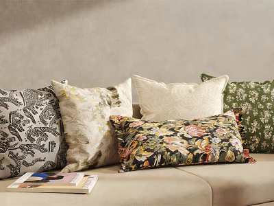 Colorful Throw Pillows With Floral And Geometric Patterns On Beige Sofa 3d model