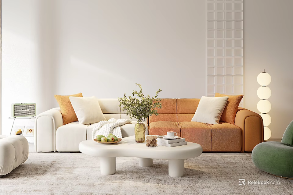 Modern Living Interior With Orange White Sofa And White Coffee Table Vase Fruits Books Floor Lamp 3d model 