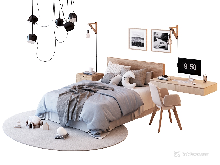 Cozy Kids Bed with Gray Quilt Small Toys Wall Pictures Bedside Lamp and Desk Chair 3d model 