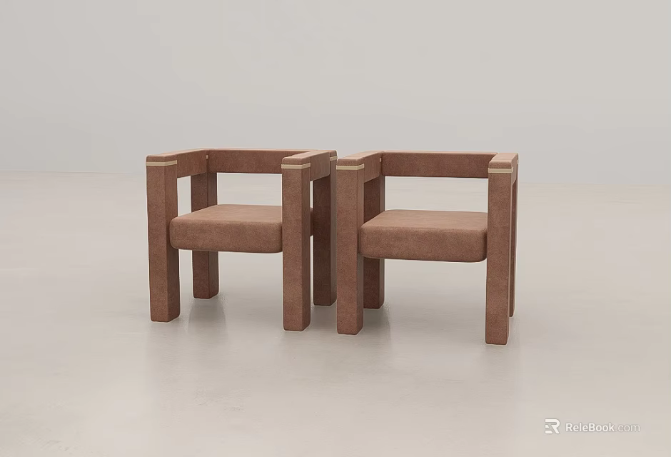 Two Brown Modern Minimalist Leisure Chairs With Square Arms Padded Seats And Square Legs 3d model 