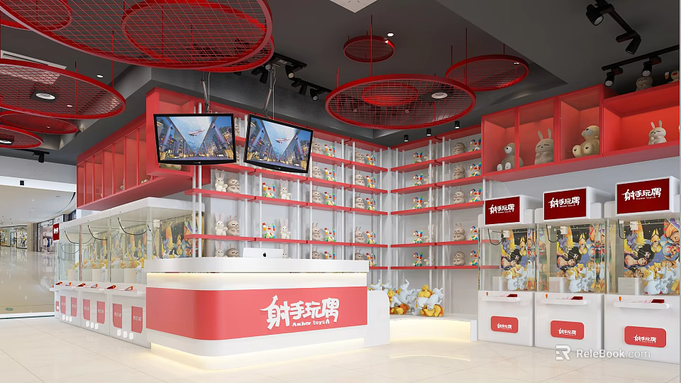 Shooter Toy Store In Shopping Mall With Red Decor Display Shelves And TV Screens 3d model 