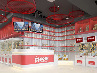 Shooter Toy Store In Shopping Mall With Red Decor Display Shelves And TV Screens 3d model