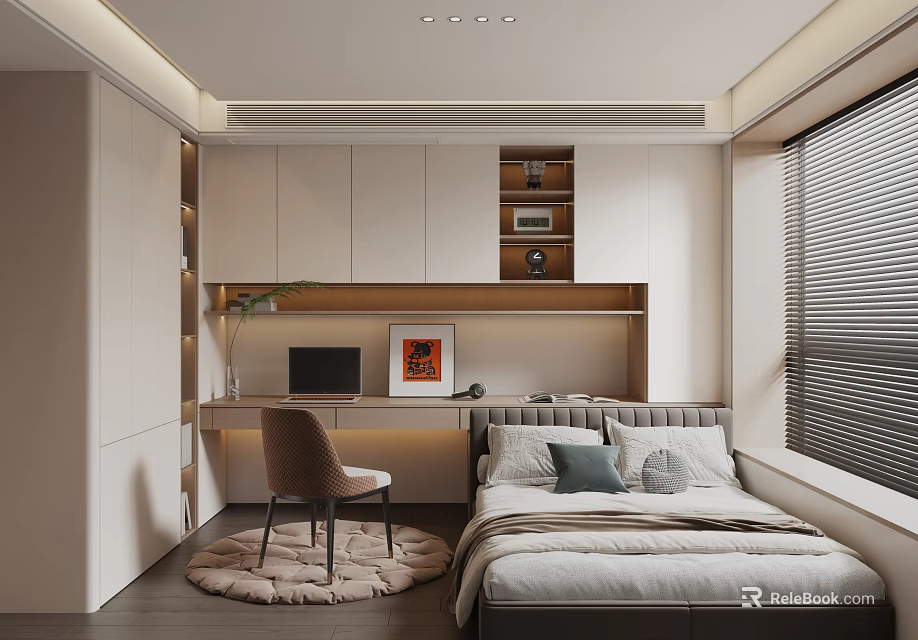 Modern Tatami Bedroom Interior With Tatami Bed Desk Chair Cabinets And Lighting 3d model 