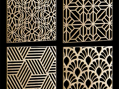 Decorative Gold Wall Hangings With Various Geometric Intricate Laser Cut Patterns For Home Decoration 3d model