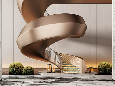 Modern Gold Spiral Staircase With Glass Railing Marble Floor Green Plants And Lighting 3d model