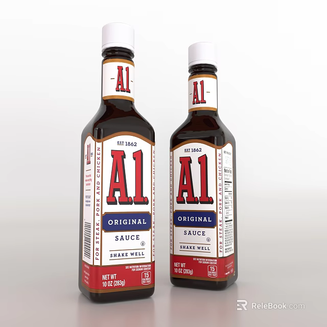 Two A1 Original Steak Sauce Brown Glass Bottles With White Red Labels And Brand Design 3d model 