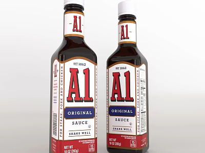 Two A1 Original Steak Sauce Brown Glass Bottles With White Red Labels And Brand Design 3d model