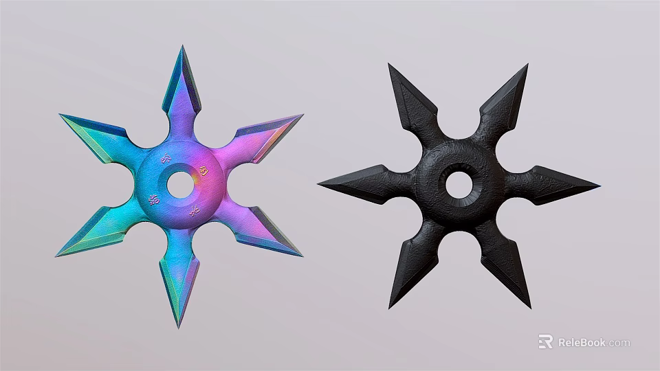 Two Star Shaped Shuriken Sports Equipment with Colorful Gradient and Black Design 3d model 