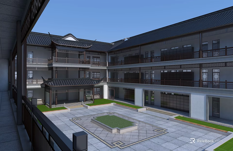 Traditional Chinese School Building With Courtyard Central Green Area Multi Story Structure And Stone Pavement 3d model 