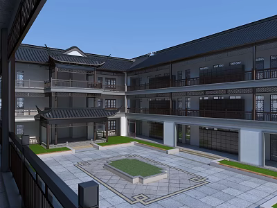 Traditional Chinese School Building With Courtyard Central Green Area Multi Story Structure And Stone Pavement 3d model