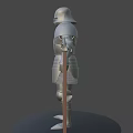 Silver Armor Worn By Human Figure With Spear On Round Platform Against Dark Background 3d model
