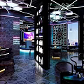 Modern Bar Interior With Live Music Performance Large Screen And Geometric Lighting
