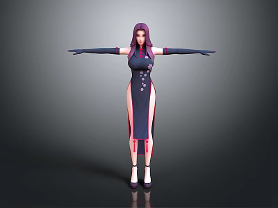 Game Movie Character Featuring Purple Hair Blue Qipao Dress Pink Accents Black Gloves High Heels 3d model