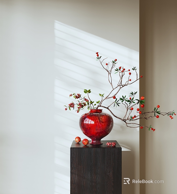 Red Vase With Berry Branches On Dark Wooden Cabinet And Sunlight Shadows 3d model 