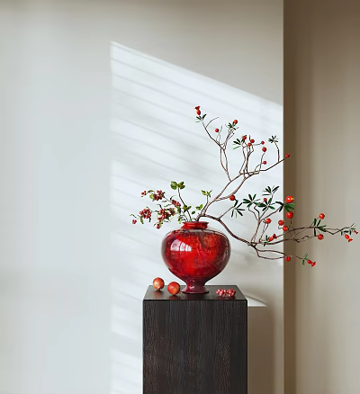 Red Vase With Berry Branches On Dark Wooden Cabinet And Sunlight Shadows 3d model