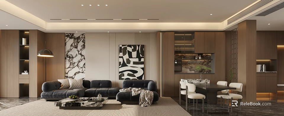Modern Elegant Living Dining Room Interior Design With Black Sofa Dining Table And Artwork 3d model 