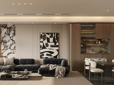 Modern Elegant Living Dining Room Interior Design With Black Sofa Dining Table And Artwork 3d model