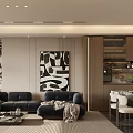 Modern Elegant Living Dining Room Interior Design With Black Sofa Dining Table And Artwork