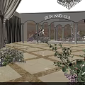 Elegant Romantic Photo Spot With White Curtains Chandelier Arches Colorful Flowers And Patterned Floor Tiles