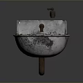 Vintage Rusty Metal Sink Featuring Small Brown Human Figure Sculpture And Battered Surface