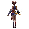 Woman in Traditional Outfit with Double Buns Hairstyle Arm Guards Short Skirt and Sword Accessory