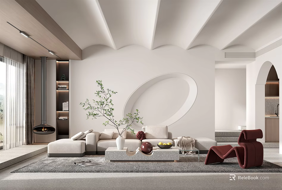 Elegant Modern Living Room Interior With Curved Walls Circular Archway White Sofa And Red Chairs 3d model 
