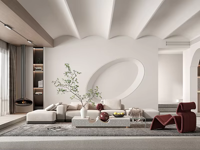 Elegant Modern Living Room Interior With Curved Walls Circular Archway White Sofa And Red Chairs 3d model