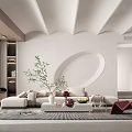 Elegant Modern Living Room Interior With Curved Walls Circular Archway White Sofa And Red Chairs