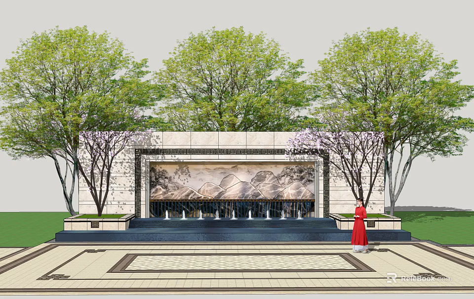 Elegant Scenic Wall Design With Landscape Painting Fountains And Green Trees 3d model 