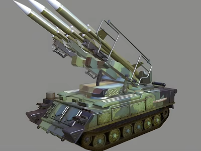 Tracked Armored Vehicle Weapon System With Multiple Missiles And Camouflage Design 3d model